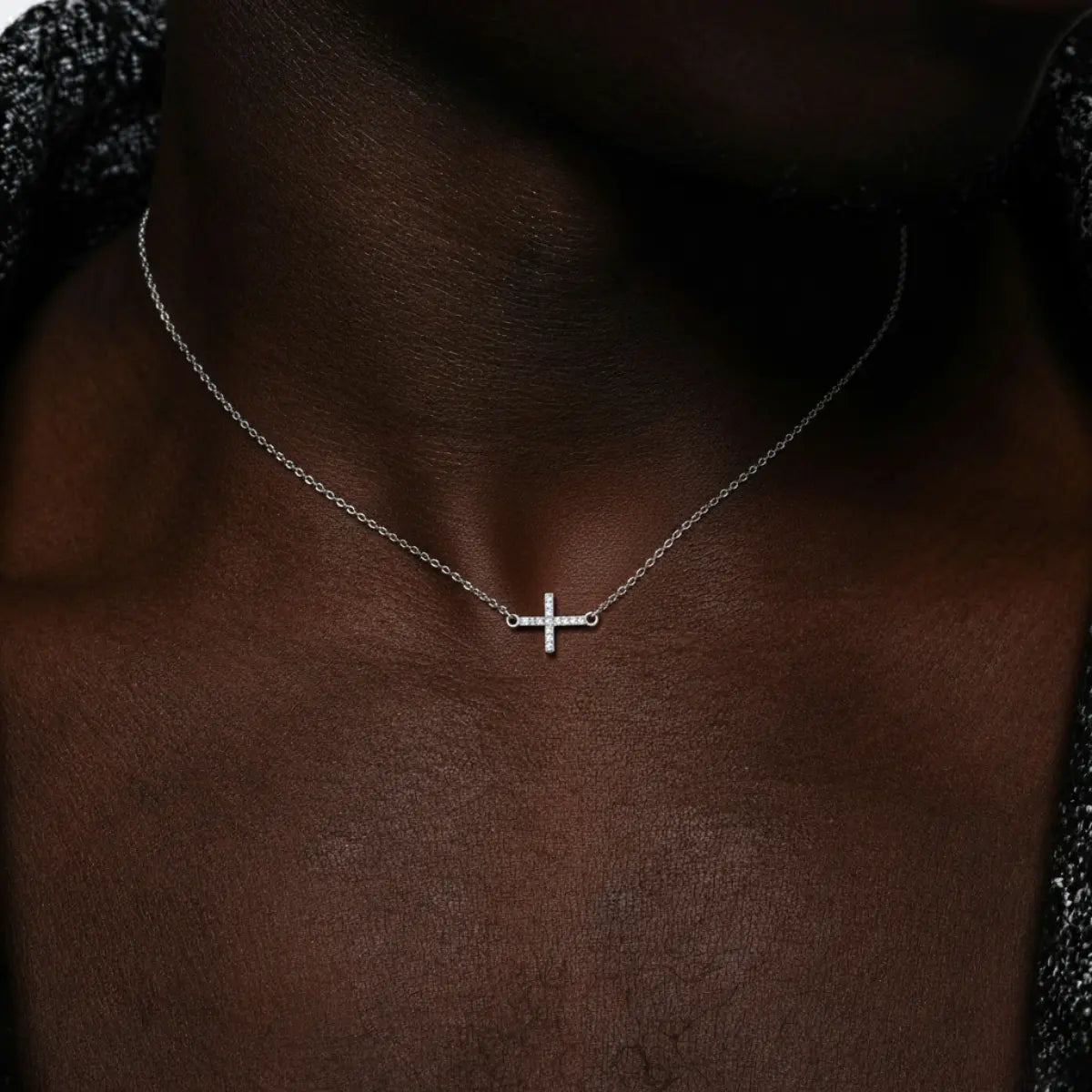 White Gold Sideways Cross Necklace Worn by Male Model