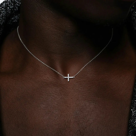 White Gold Sideways Cross Necklace Worn by Male Model