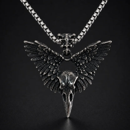 Winged Raven Skull Necklace Antique Silver Close Up Black Background