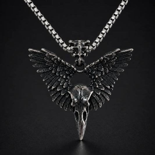 Winged Raven Skull Necklace Antique Silver Close Up Black Background
