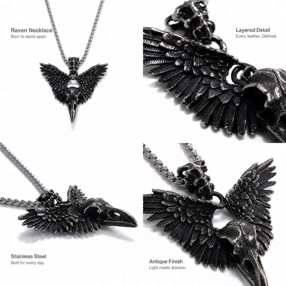 Winged Raven Skull Necklace Antique Silver Details and Features Infographic