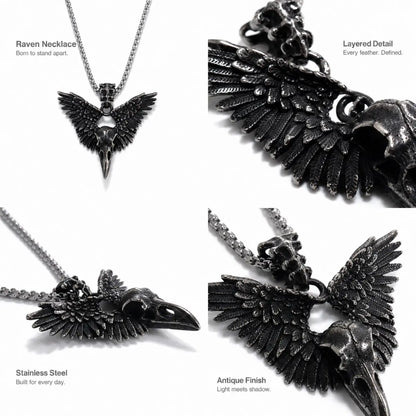 Winged Raven Skull Necklace Antique Silver Details and Features Infographic