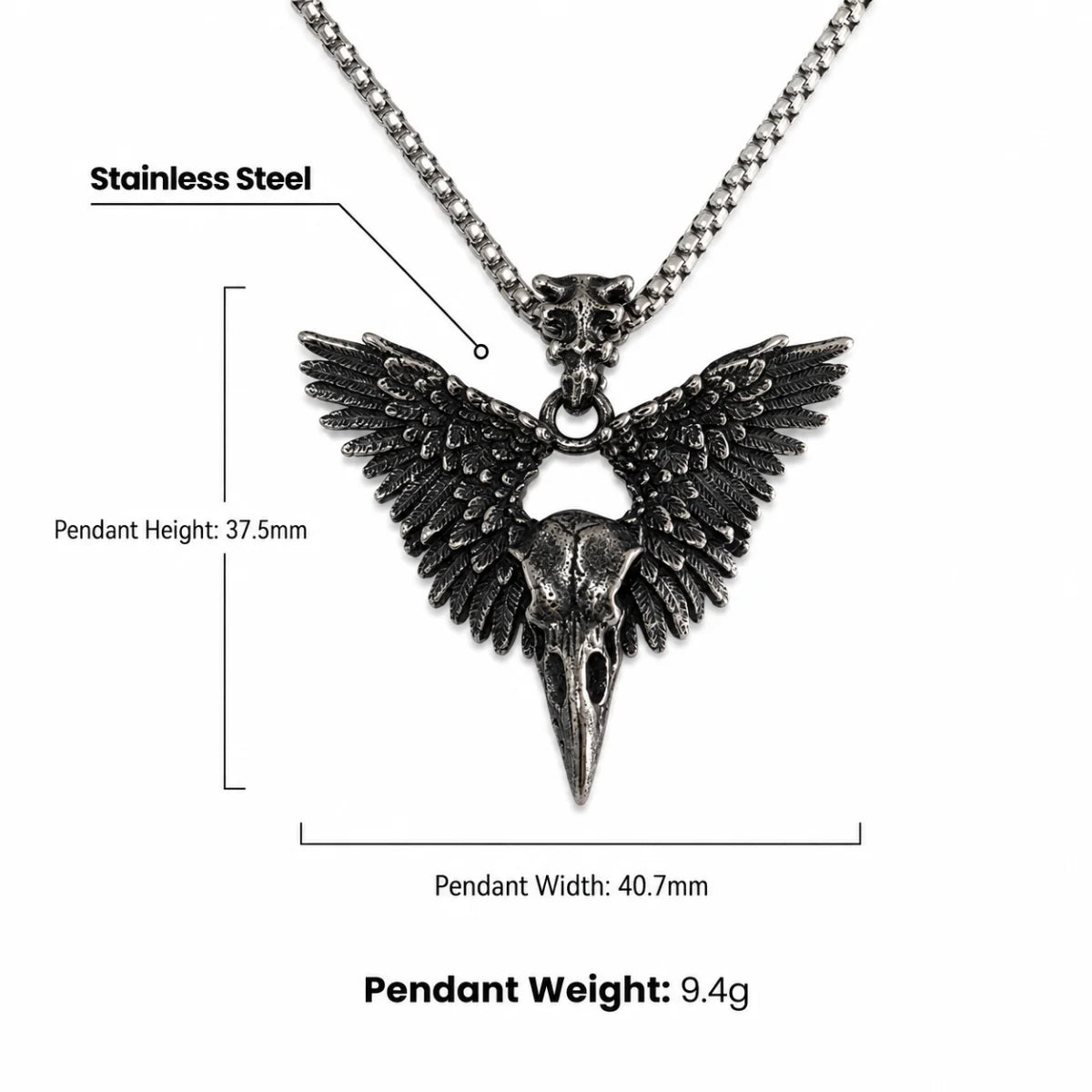 Winged Raven Skull Necklace Antique Silver Dimensions and Weight Infographic