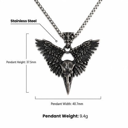 Winged Raven Skull Necklace Antique Silver Dimensions and Weight Infographic