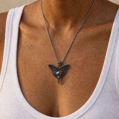 Winged Raven Skull Necklace Antique Silver Worn by Model Close Up