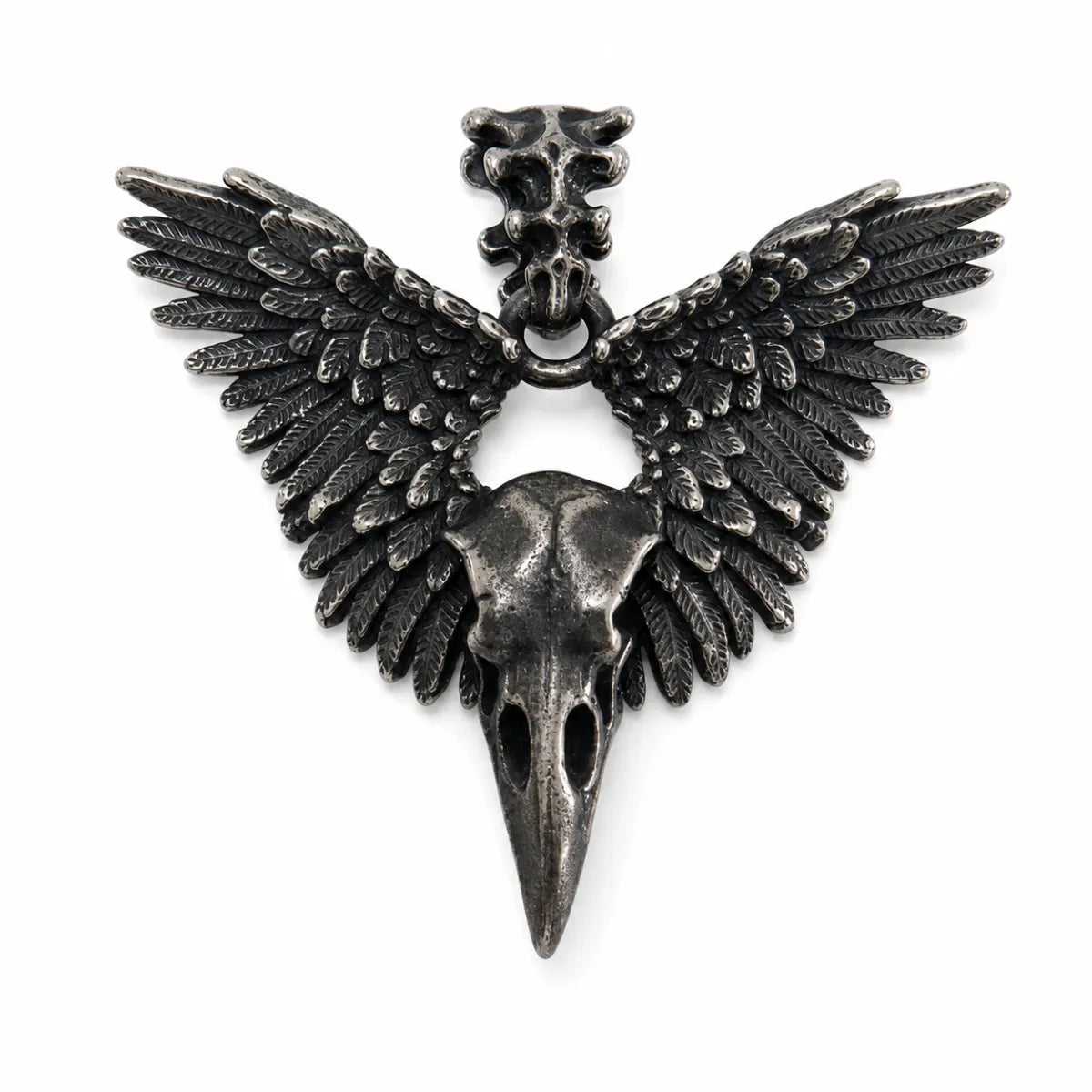 Winged Raven Skull Pendant Only Antique Silver Front View White Background