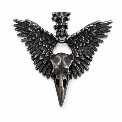 Winged Raven Skull Pendant Only Antique Silver Front View White Background