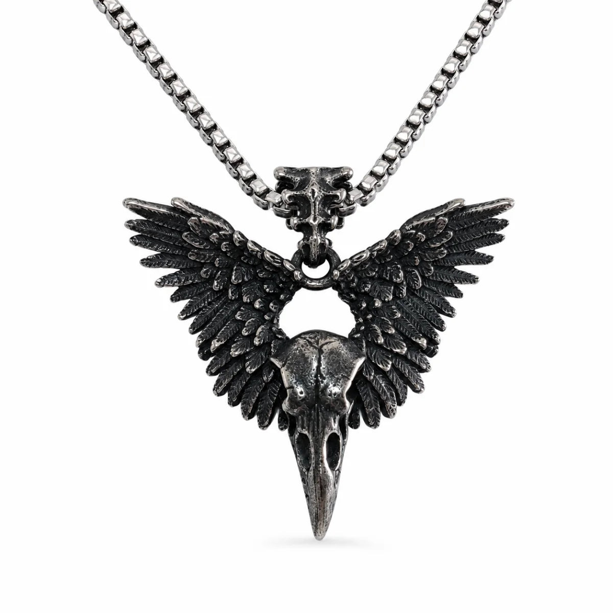 Winged Raven Skull Pendant with Chain Antique Silver Front View White Background