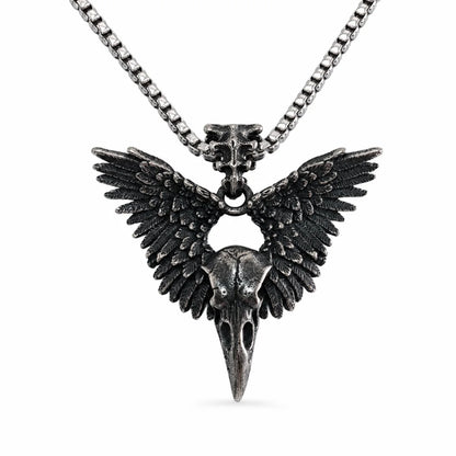 Winged Raven Skull Pendant with Chain Antique Silver Front View White Background