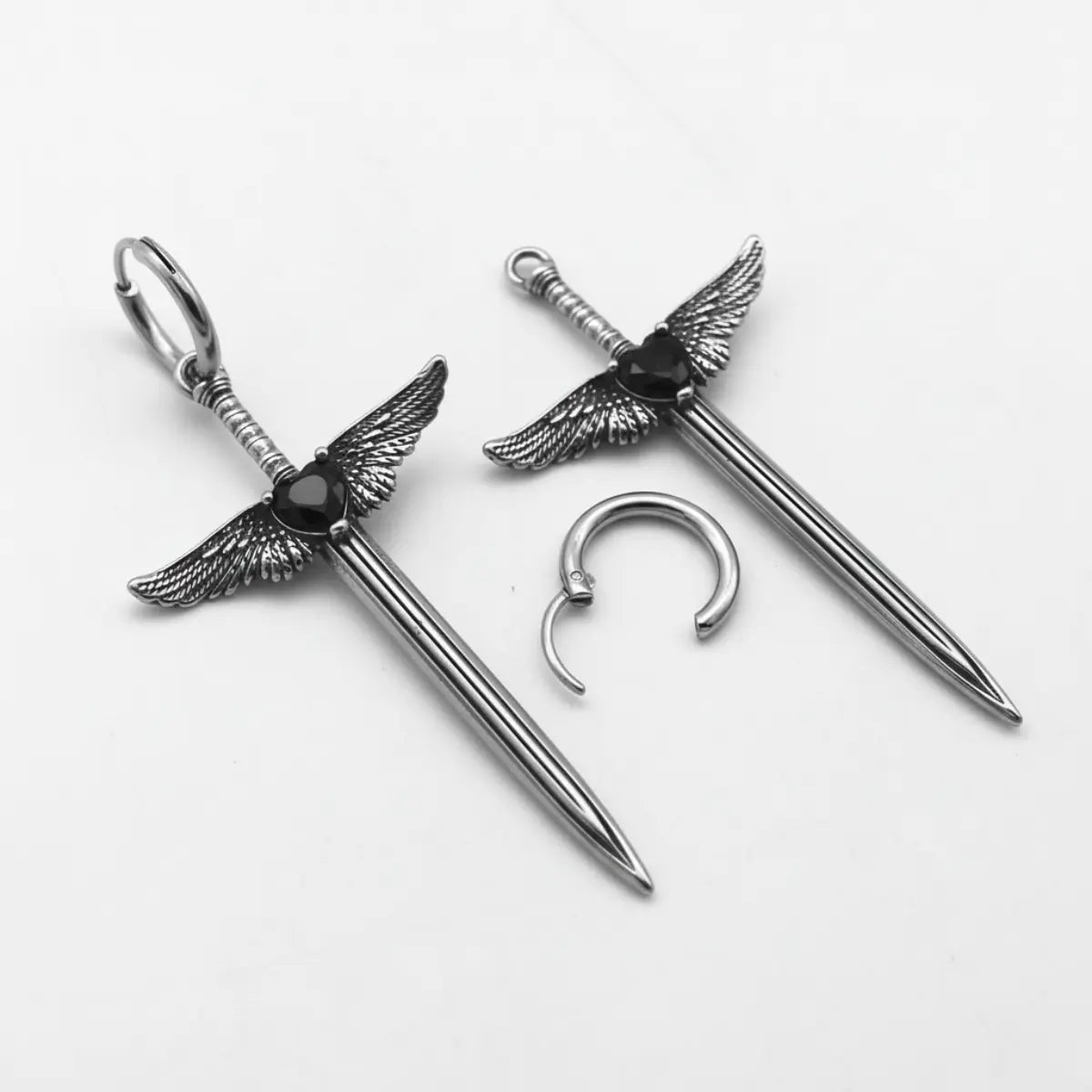 Winged Sword Dangle Earrings Black Side