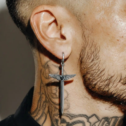 Winged Sword Dangle Earrings Black Worn by Male Model