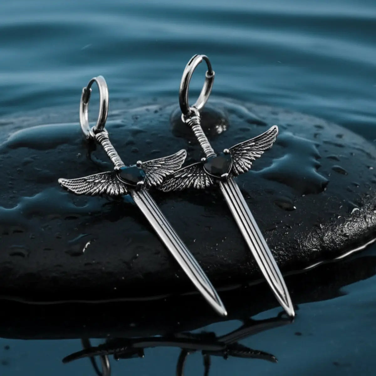 Winged Sword Dangle Earrings Black