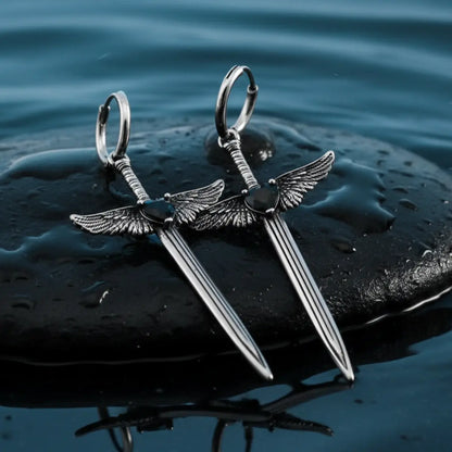 Winged Sword Dangle Earrings Black
