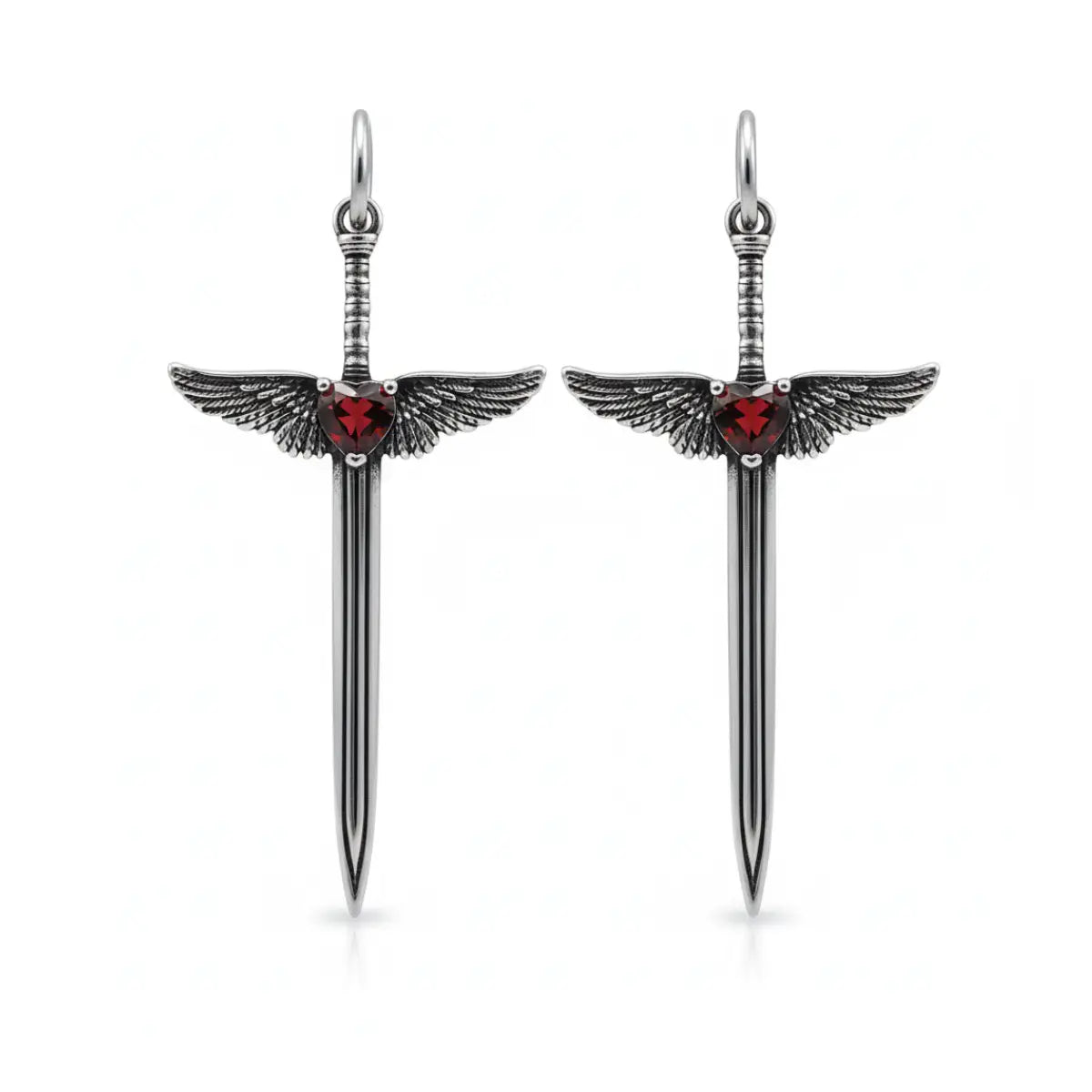 Winged Sword Dangle Earrings Red Front