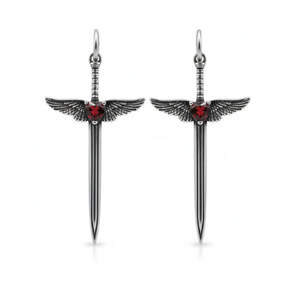 Winged Sword Dangle Earrings Red Front