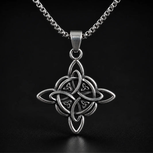 Witches Knot Necklace Silver Close Up Black Background