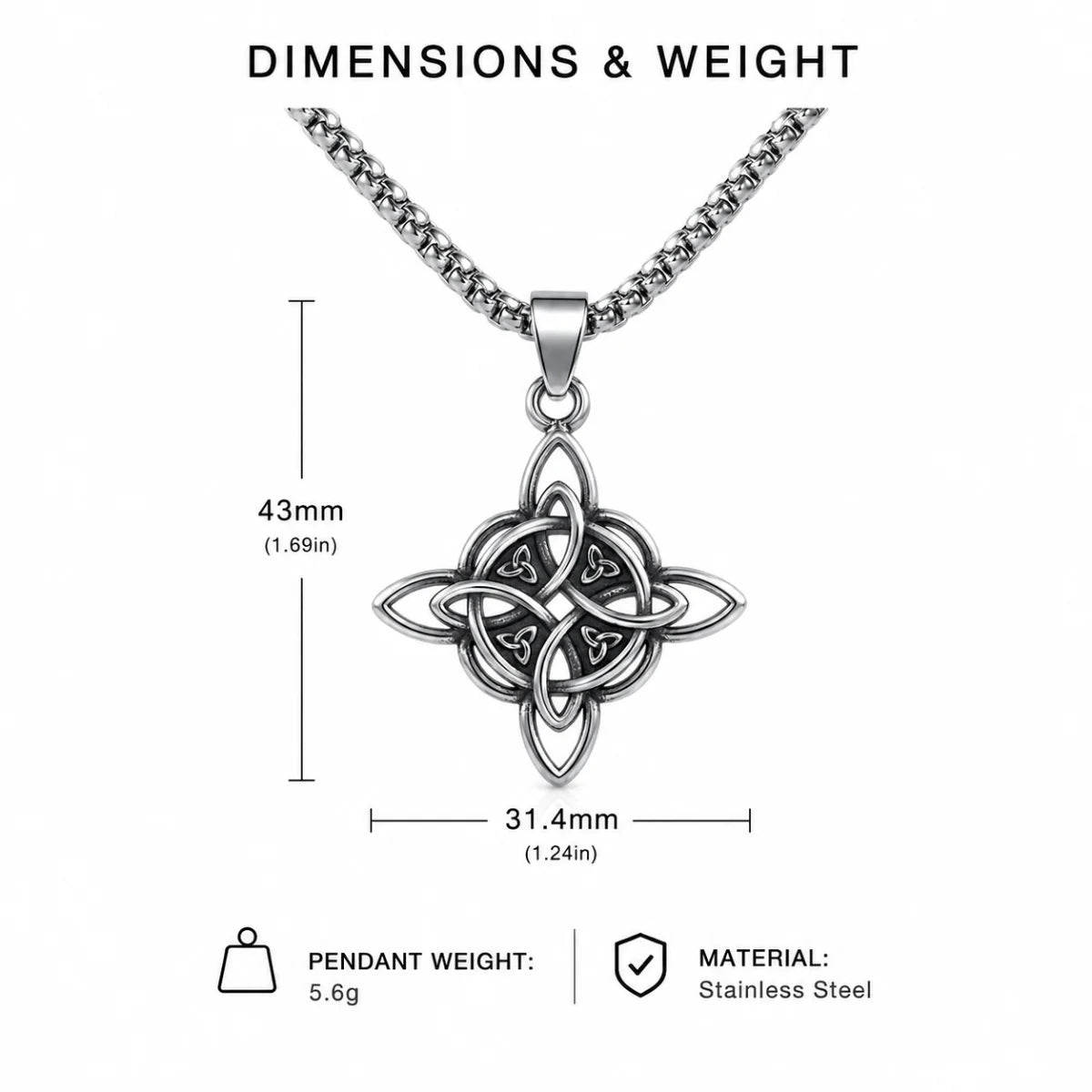 Witches Knot Necklace Silver Dimension Diagram 42.6mm 1.68inch and 28.1mm 1.11inch