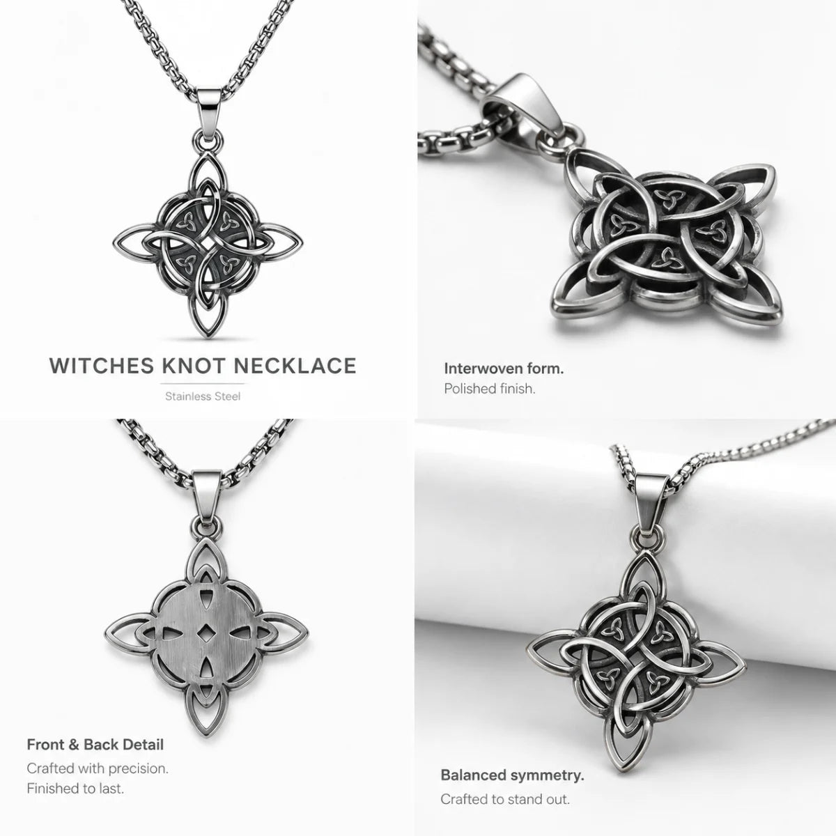 Witches Knot Necklace Silver Multi Angle Product Feature Showcase