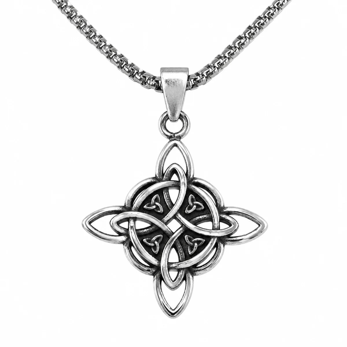 Witches Knot Necklace Silver Pendant with Chain Front View White Background