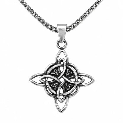 Witches Knot Necklace Silver Pendant with Chain Front View White Background