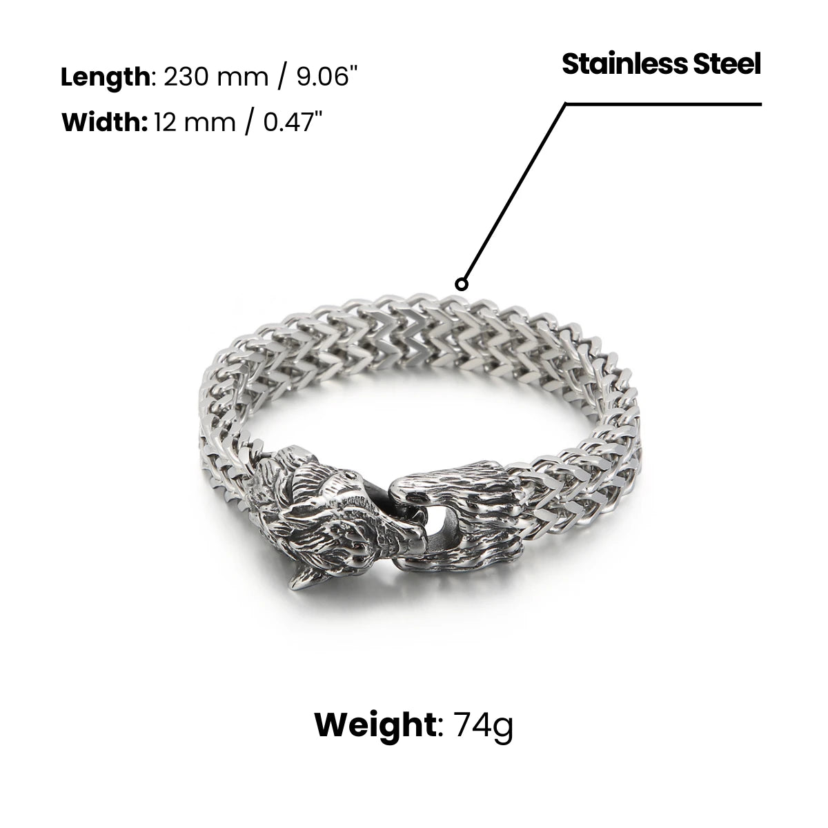 Wolf Head Chain Bracelet Dimensions and Weight