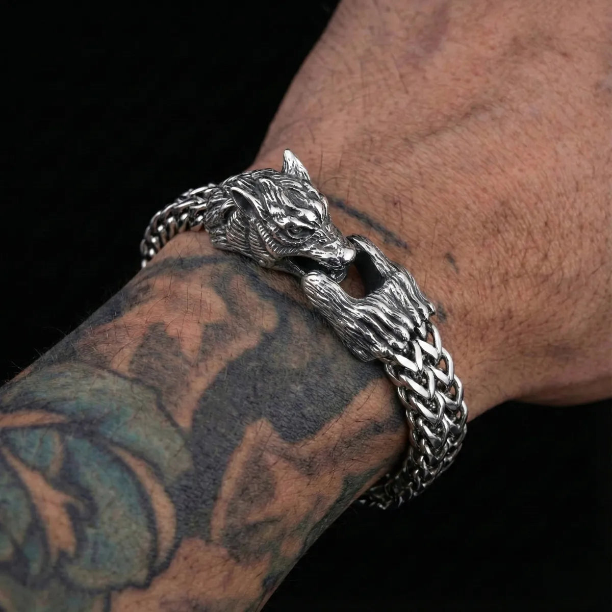 Wolf Head Chain Bracelet Worn by Male Model