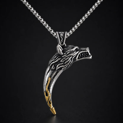 Wolf Tooth Necklace Two Tone Silver and Gold Close Up Black Background