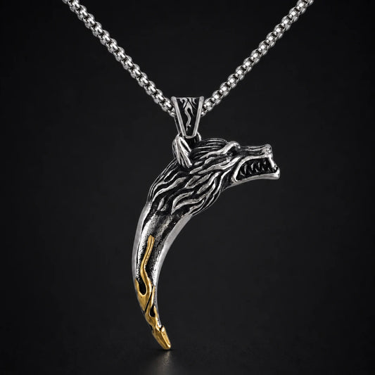 Wolf Tooth Necklace Two Tone Silver and Gold Close Up Black Background