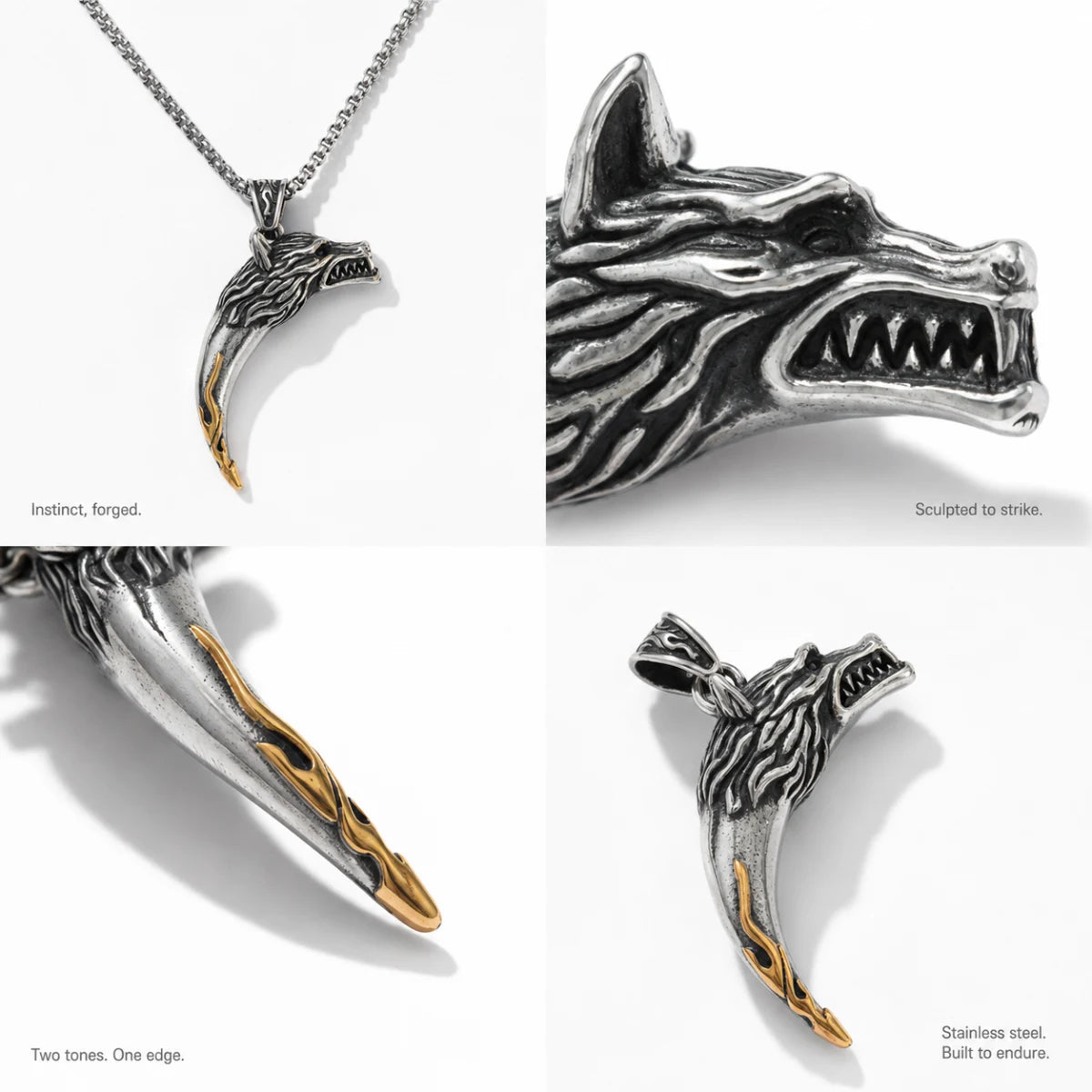 Wolf Tooth Necklace Two Tone Silver and Gold Details and Features Infographic
