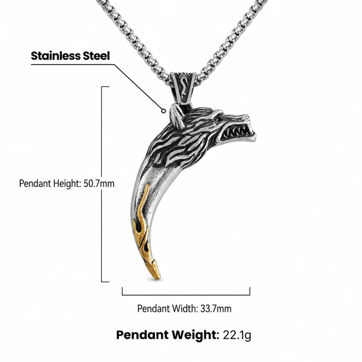 Wolf Tooth Necklace Two Tone Silver and Gold Dimensions and Weight Infographic