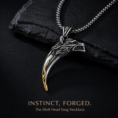 Wolf Tooth Necklace Two Tone Silver and Gold Displayed on Stone Surface