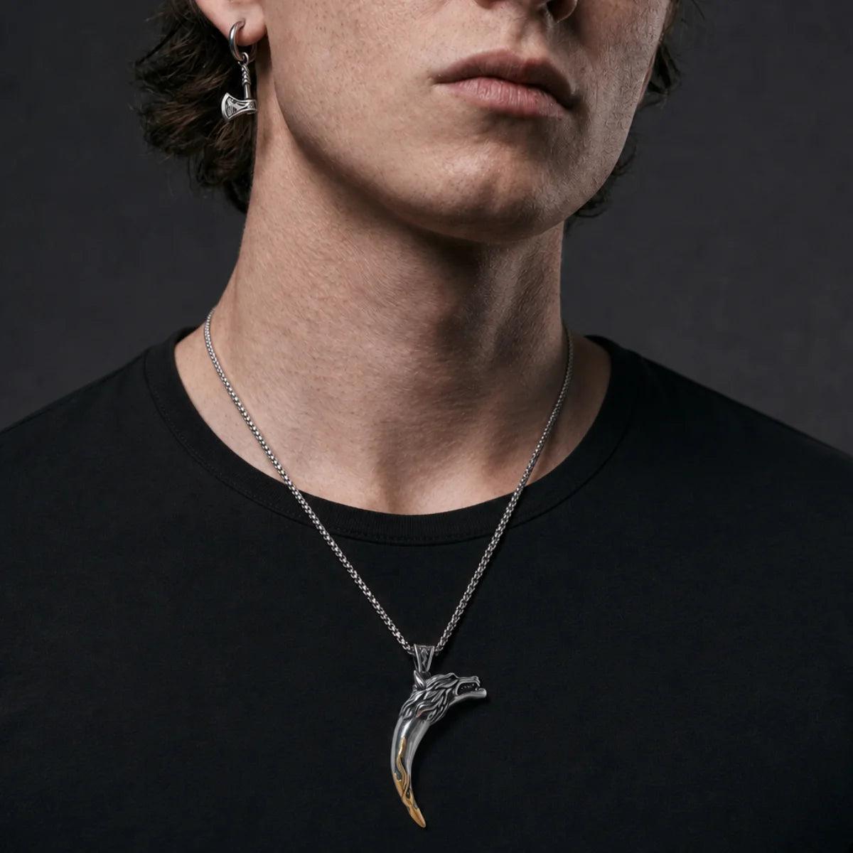 Wolf Tooth Necklace Two Tone Silver and Gold Worn by Male Model