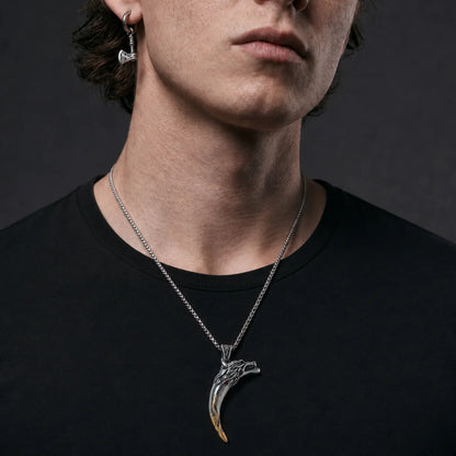 Wolf Tooth Necklace Two Tone Silver and Gold Worn by Male Model
