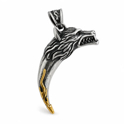 Wolf Tooth Pendant Only Two Tone Silver and Gold Side Profile White Background