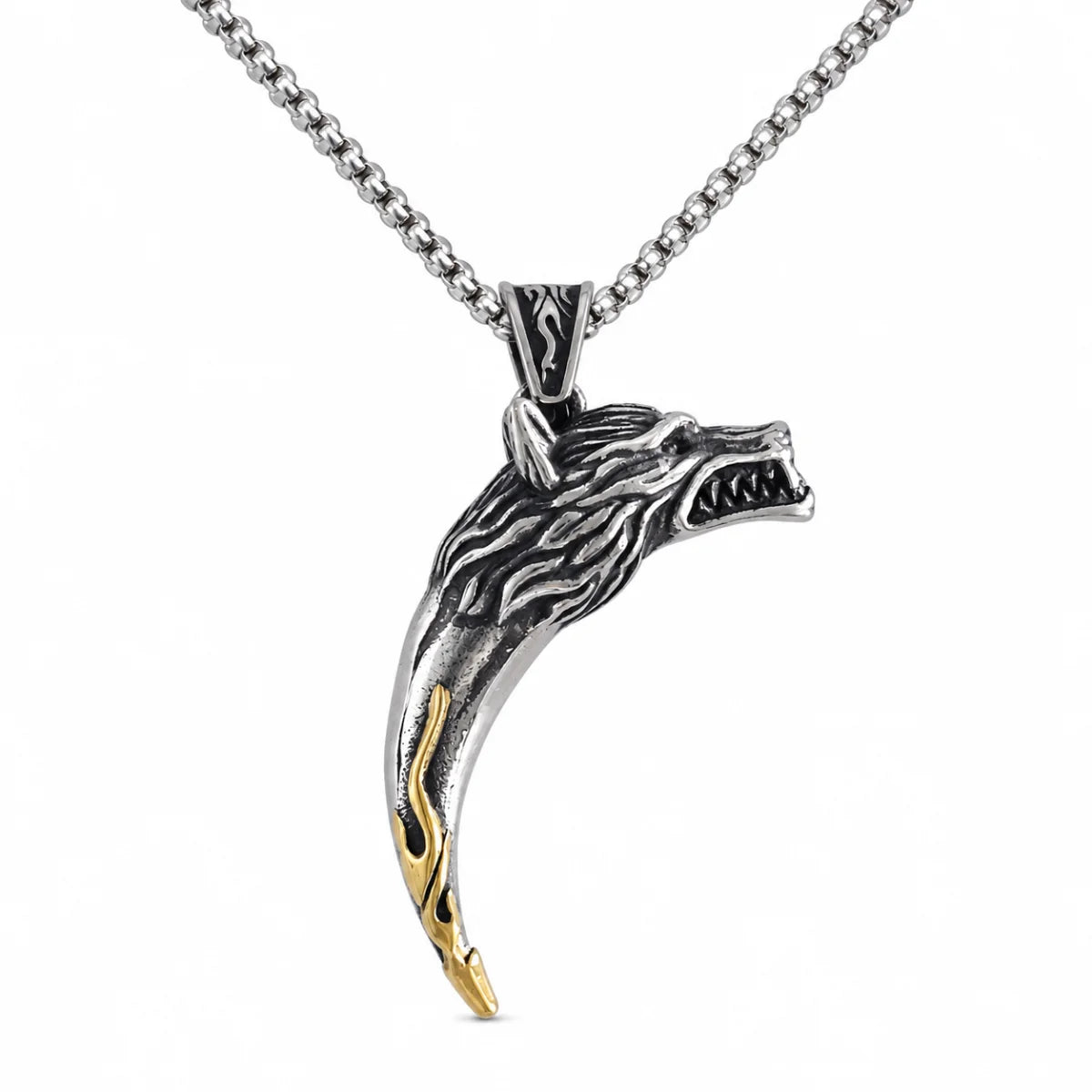 Wolf Tooth Pendant with Chain Two Tone Silver and Gold Side Profile White Background