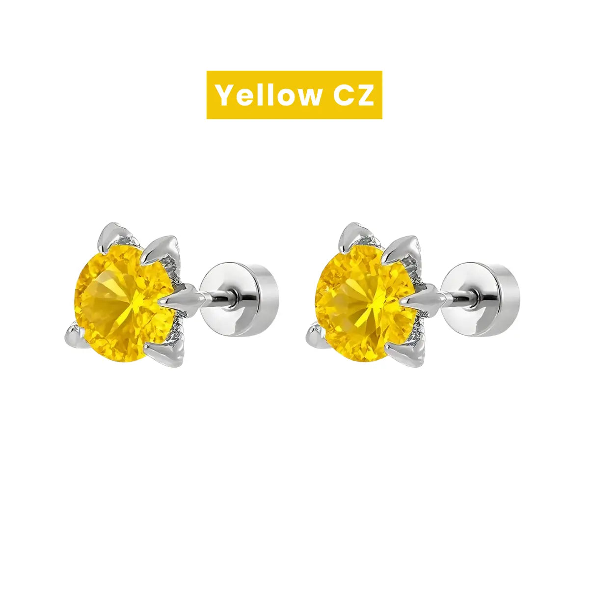 Yellow CZ Diamond Claw Stud Earrings Stainless Steel