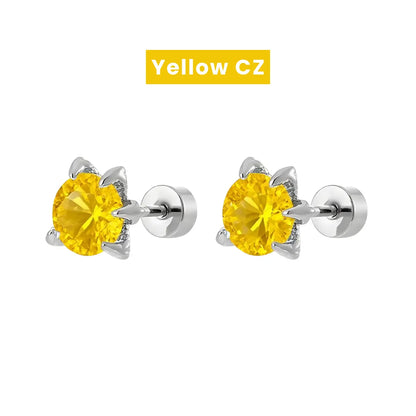 Yellow CZ Diamond Claw Stud Earrings Stainless Steel