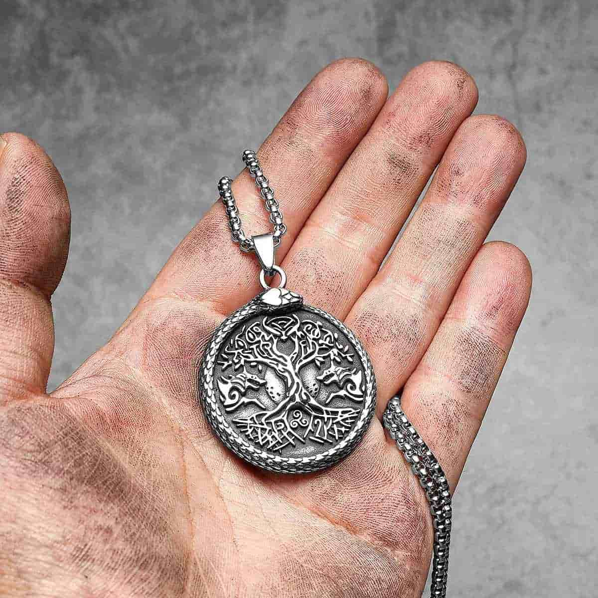 Yggdrasil Pendant with Ouroboros and Wolves Front Xenos Jewelry