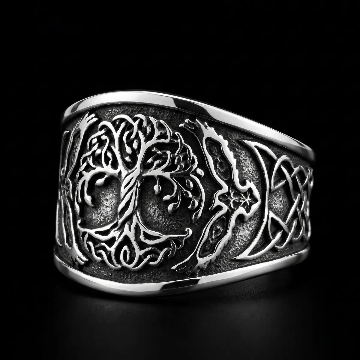 Yggdrasil Signet Ring Silver Close Up Black Background