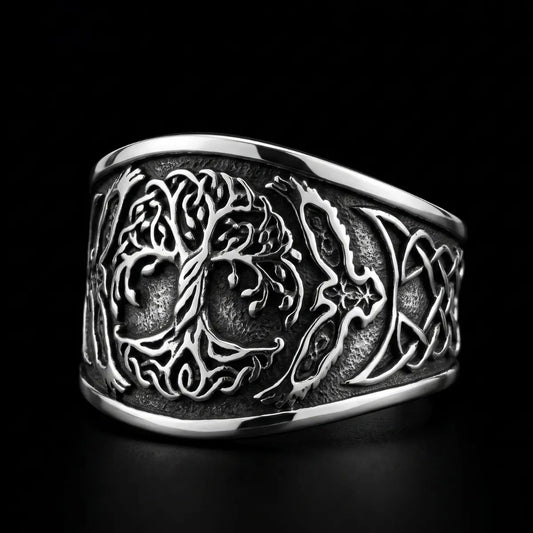 Yggdrasil Signet Ring Silver Close Up Black Background