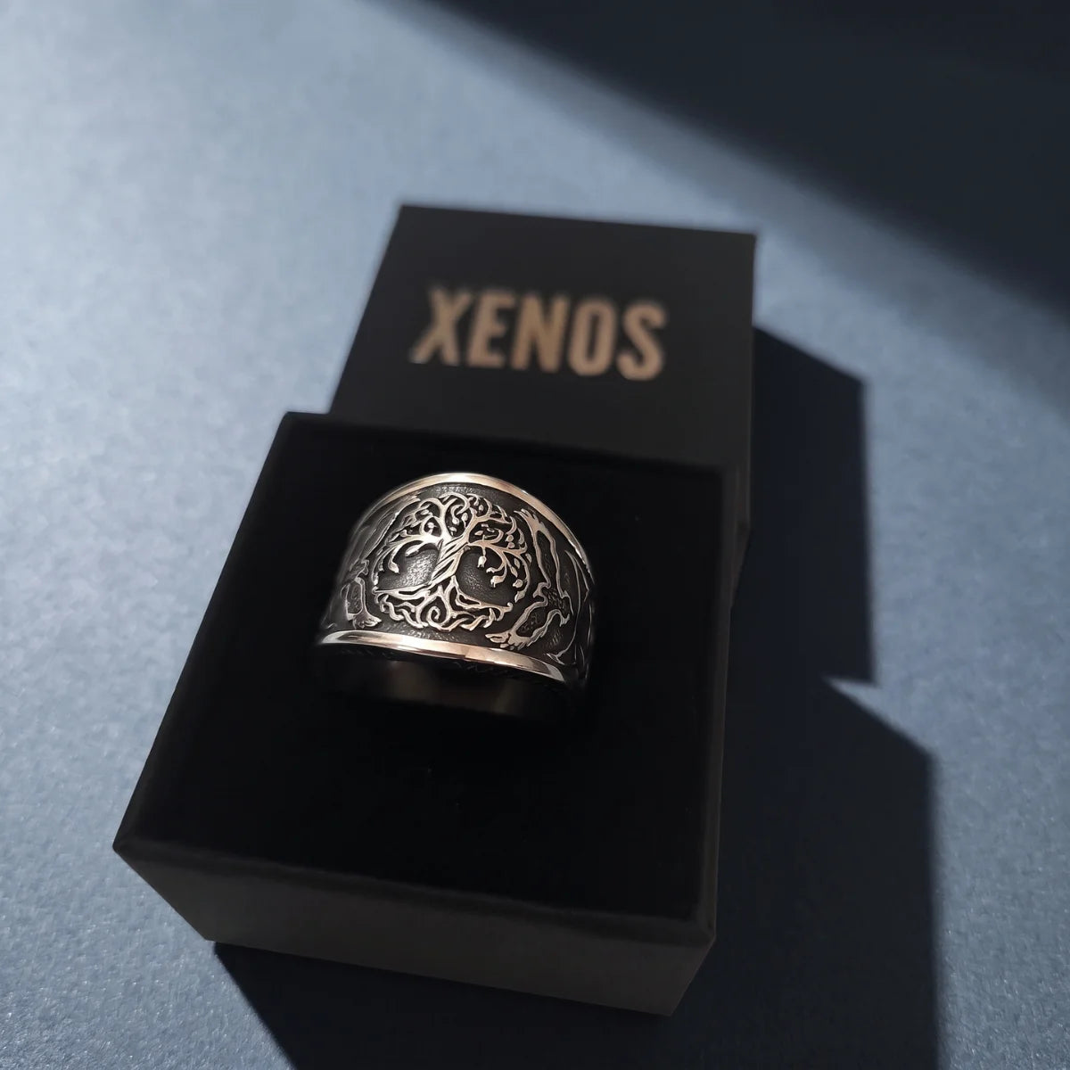 Yggdrasil Signet Ring Silver Presented in Xenos Jewelry Packaging Box
