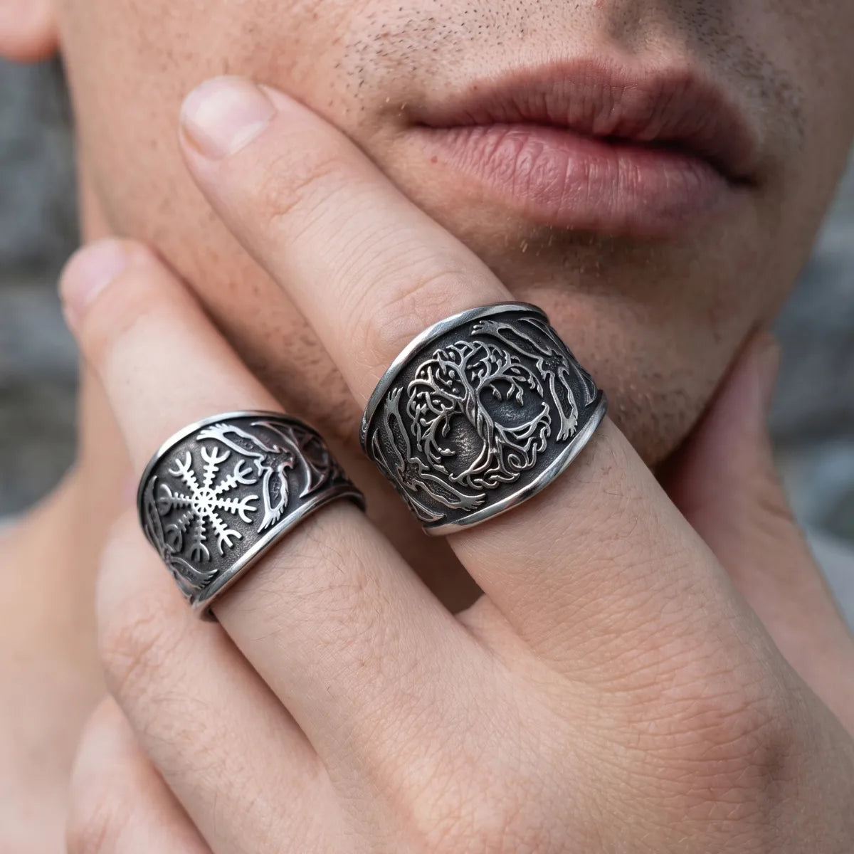 Yggdrasil Signet Ring Silver Two Rings Worn by Male Model