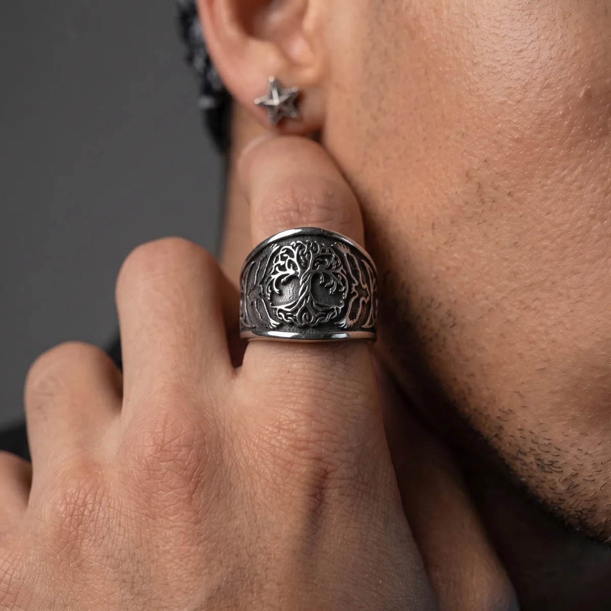 Yggdrasil Signet Ring Silver Worn by Male Model