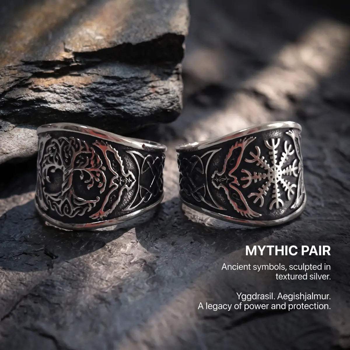 Yggdrasil Signet Ring Silver on Black Stone Surface