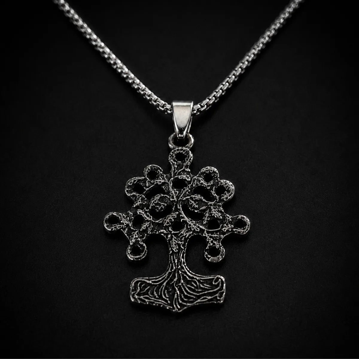Yggdrasil Thor Hammer Necklace Silver Close Up Black Background