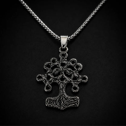 Yggdrasil Thor Hammer Necklace Silver Close Up Black Background
