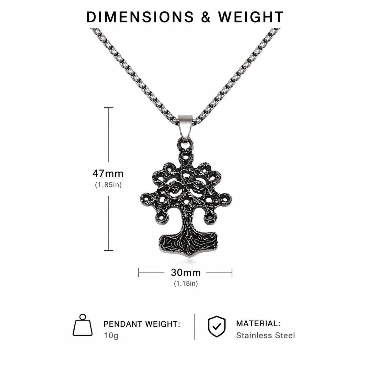 Yggdrasil Thor Hammer Necklace Silver Dimension Diagram 47.7mm 1.88inch and 31.9mm 1.26inch