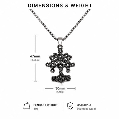 Yggdrasil Thor Hammer Necklace Silver Dimension Diagram 47.7mm 1.88inch and 31.9mm 1.26inch