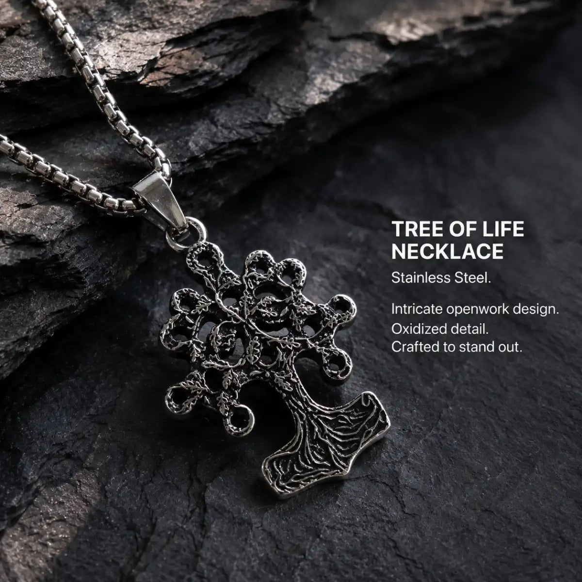 Yggdrasil Thor Hammer Necklace Silver Displayed on Stone Surface