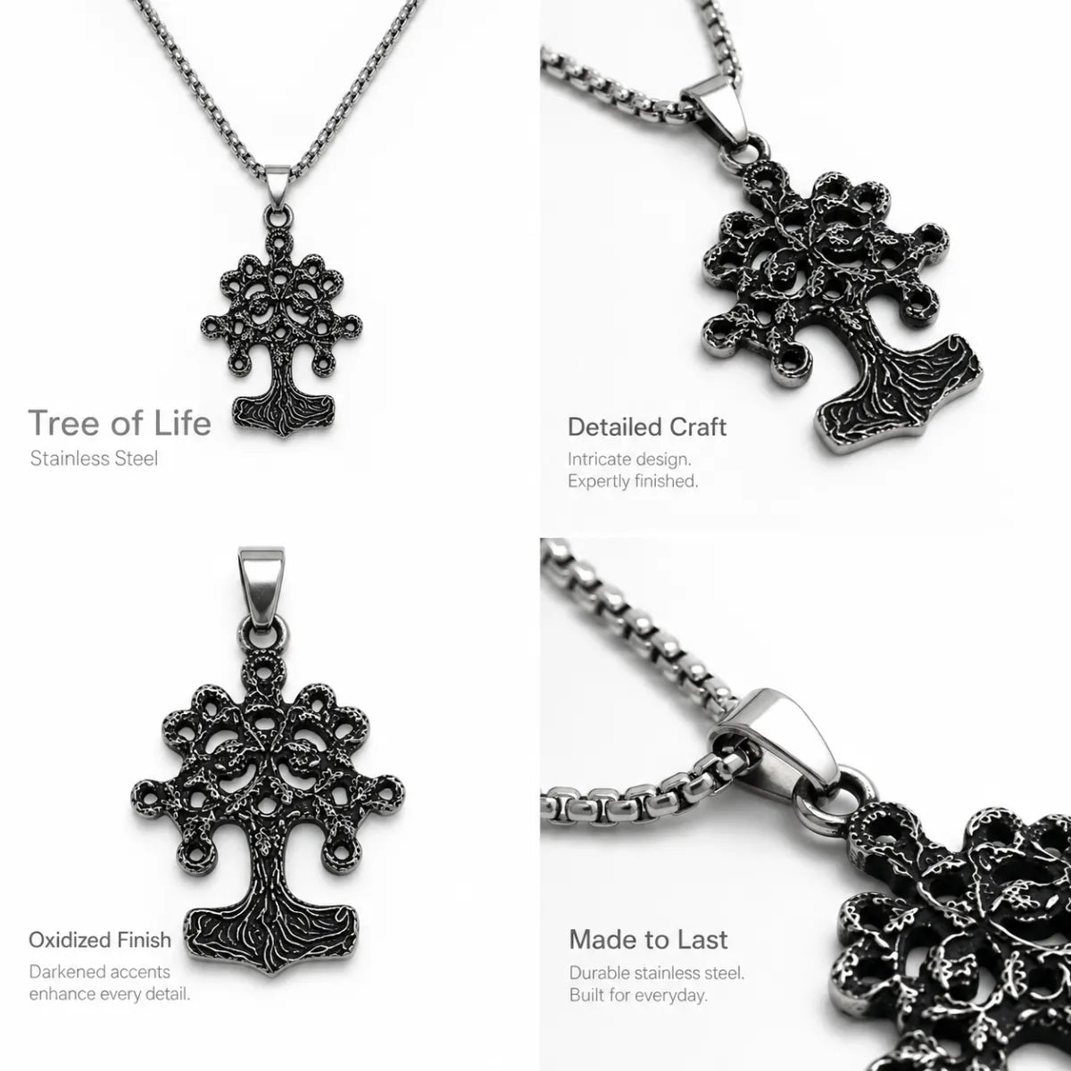 Yggdrasil Thor Hammer Necklace Silver Multi Angle Product Feature Showcase